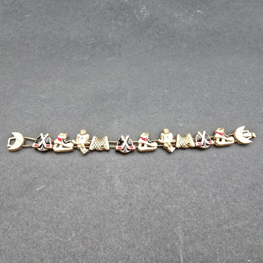 Vintage Gold Tone Ice Hockey Charm Bracelet Enamel Skates Player Net 7.25 Inch